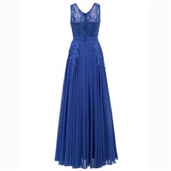 Women's Blue Sleeveless V Neck Pearl Beading Appliques Evening Gowns N15832