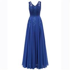 Blue Sleeveless V Neck Dress, Pearl Beading Maxi Dress, Blue Appliques Long Dress, Women's Blue Maxi Evening Dress, Beading Chiffon Patchwork Dress, #N15832