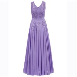 Purple Sleeveless V Neck Dress, Pearl Beading Maxi Dress, Purple Appliques Long Dress, Women's Purple Maxi Evening Dress, Beading Chiffon Patchwork Dress, #N15833