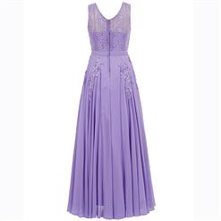 Women's Light Purple Sleeveless V Neck Pearl Beading Appliques Evening Gowns N15833