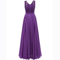 Purple Sleeveless V Neck Dress, Pearl Beading Maxi Dress, Purple Appliques Long Dress, Women's Purple Maxi Evening Dress, Beading Chiffon Patchwork Dress, #N15834