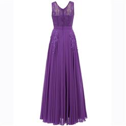 Women's Purple Sleeveless V Neck Pearl Beading Appliques Evening Gowns N15834