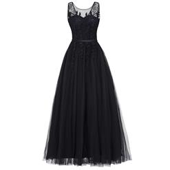 Women's Elegant Black Round Neck Sleeveless Tulle Appliques Evening Party Dress N15836