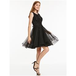 Women's Elegant Black Sleeveless A-Line Appliques Beading Mini Homecoming Dress N15841
