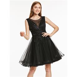 Women's Elegant Black Sleeveless A-Line Appliques Beading Mini Homecoming Dress N15841