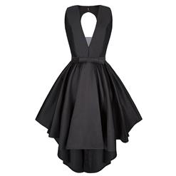 Women's Sexy Black Sleeveless V Neck Bowknot A-line High-low Homecoming Dress N15845