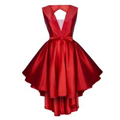 Sleeveless Party Dresses, Red V Neck Homecoming Dress, Red High-low Evening Dress, Wedding Guest Dresses, Red Formal Party Dresses, Sexy Satin Dress for Women, #N15846