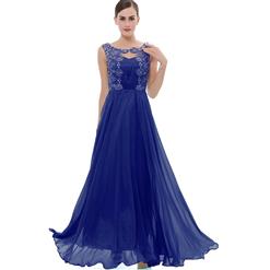 Women's Royalblue Sleeveless Round Neck Appliques Chiffon Bridesmaid Dress Evening Gowns N15847