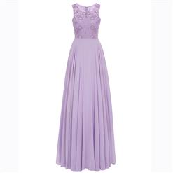 Women's Light Purple Sleeveless Round Neck Appliques Chiffon Bridesmaid Dress Evening Gowns N15848