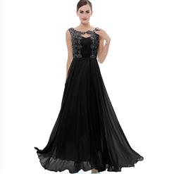 Sleeveless Round Neck Dress, Black Beaded Appliques Maxi Dress, Appliques Chiffon Long Dress, Women's Black Maxi Evening Dress, Pearl Beading Dress, #N15849