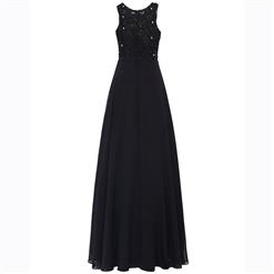 Women's Black Sleeveless Round Neck Appliques Chiffon Bridesmaid Dress Evening Gowns N15849
