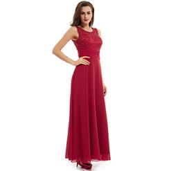 Women's Elegant Wine-Red Round Neck Sleeveless Appliques Beaded Evening Party Gowns N15850