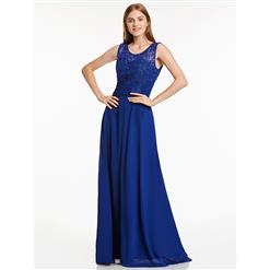 Women's Elegant Blue Round Neck Sleeveless Appliques Beaded Evening Party Gowns N15851