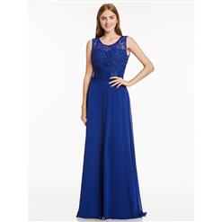 Women's Elegant Blue Round Neck Sleeveless Appliques Beaded Evening Party Gowns N15851