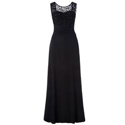 Women's Elegant Black Round Neck Sleeveless Appliques Beaded Evening Party Gowns N15852