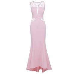Women's Pink Lace Illusion Neckline Sleeveless Evening Gowns Wedding Guest Dress N15854