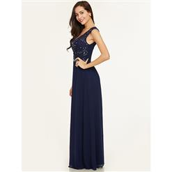 Women's Elegant Dark-Blue V Neck Sleeveless Beaded Appliques Chiffon Evening Gowns N15858