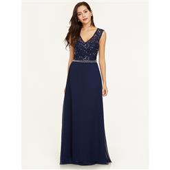 Women's Elegant Dark-Blue V Neck Sleeveless Beaded Appliques Chiffon Evening Gowns N15858