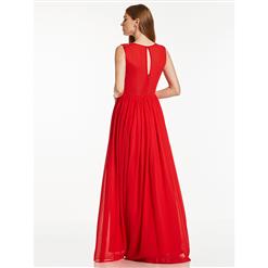 Women's Elegant Red V Neck Sleeveless Beaded Appliques Chiffon Evening Gowns N15859