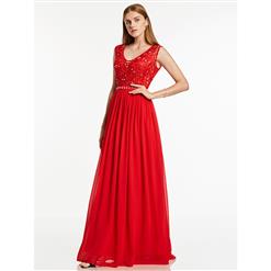 Sexy Evening Gowns, Floor-Length Evening Gowns, Red Prom Gowns, Red Sleeveless Evening Dress, Chiffon Evening Dresses, Beaded Evening Dresses, Wedding Guest Dress, #N15859