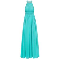 Sleeveless Halter Dress, Beaded Ruched Maxi Dress, Cyan Halter Backless Dress, Women's Cyan Maxi Evening Gowns, Pearl Beading Pleats A-Line Dress, Cyan Bridesmaid Dress, #N15862