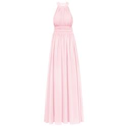 Sleeveless Halter Dress, Beaded Ruched Maxi Dress, Pink Halter Backless Dress, Women's Pink Maxi Evening Gowns, Pearl Beading Pleats A-Line Dress, Pink Bridesmaid Dress, #N15863
