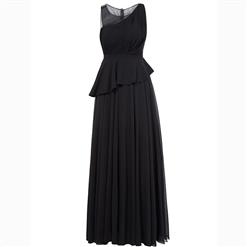 Women's Black Sleeveless Round Neck Pleated Asymmetric Prom Evening Gowns N15866
