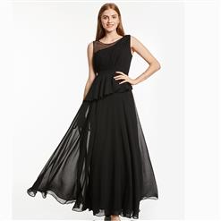 Sleeveless Round Neck Dress, Black Pleated Long Dress, Women's Black Asymmetric Evening Gowns, Black Bridesmaid Dress, Elegant Chiffon Prom Gowns for Women, #N15866