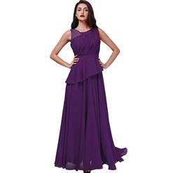 Sleeveless Round Neck Dress, Purple Pleated Long Dress, Women's Purple Asymmetric Evening Gowns, Purple Bridesmaid Dress, Elegant Chiffon Prom Gowns for Women, #N15867