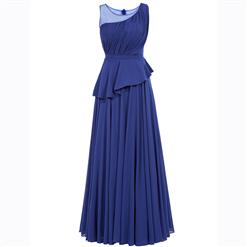 Women's Blue Sleeveless Round Neck Pleated Asymmetric Prom Evening Gowns N15868