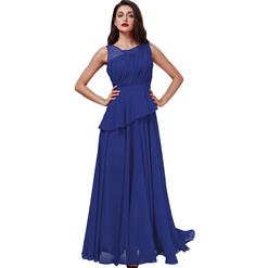 Sleeveless Round Neck Dress, Blue Pleated Long Dress, Women's Blue Asymmetric Evening Gowns, Blue Bridesmaid Dress, Elegant Chiffon Prom Gowns for Women, #N15868
