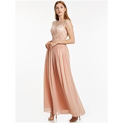Women's Light-Pink Round Neck Sleeveless Beaded Chiffon Bridesmaid Dress Evening Gowns N15869