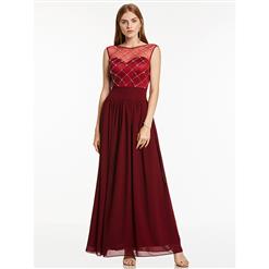 Women's Wine-Red Round Neck Sleeveless Beaded Chiffon Bridesmaid Dress Evening Gowns N15870