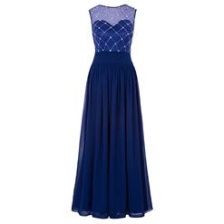 Women's Blue Round Neck Sleeveless Beaded Chiffon Bridesmaid Dress Evening Gowns N15871