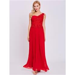 Women's Red One Shoulder Sleeveless Appliques Chiffon Ankle-length Evening Gowns N15872