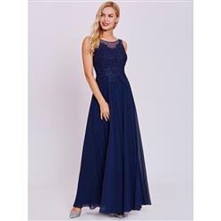 Women's Dark-Blue Round Neck Sleeveless Appliques Ankle-length Prom Gowns N15878