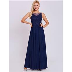 Sexy Evening Gowns, Ankle-Length Evening Gowns, Blue Illusion Neck Prom Gowns, Chiffon Evening Dresses, Appliques Evening Gowns, Wedding Guest Dress, #N15878