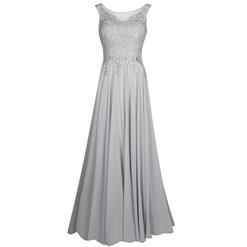 Women's Grey Round Neck Sleeveless Appliques Ankle-length Prom Gowns N15879