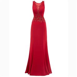 Sleeveless Round Neck Dress, Red Appliques Long Dress, Women's Red Sheath Evening Gowns, Red Bridesmaid Dress, Elegant Chiffon Prom Gowns for Women, #N15881