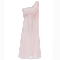 Sleeveless One Shoulder Dress, Pleated Chiffon A-Line Dress, Women's Pink Backless A-Line Dress, Pink Bridesmaid Dress, Chiffon Prom Praty Dress, Knee Length Chiffon Dress, #N15884