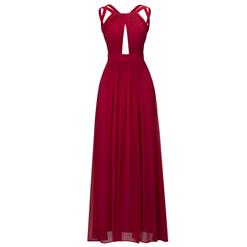 Sleeveless Round Neck A-Line Dress, Hollow Out Backless Maxi Dress, Women's Wine Red Chiffon Evening Gowns, Wine Red Bridesmaid Dress, Slit Draped Chiffon Long Dress, #N15894