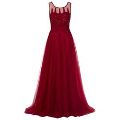 Sleeveless Round Neck A-Line Dress, Wine Red Backless Maxi A-Line Dress, Women's Wine Red Chiffon Evening Gowns, Wine Red Bridesmaid Dress, Wine Red Appliques Long Prom Dress, #N15900