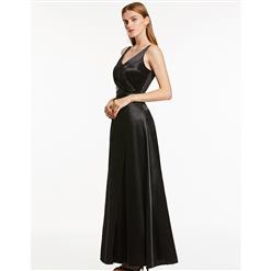 Women's Black Sleeveless V Neck Bridesmaid Dress Long Prom Evening Gowns N15902