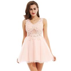 Women's Pink V Neck Sleeveless A-Line Hollow Beaded Appliques Mini Homecoming Dress N15905