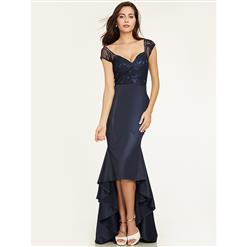 Women's Dark-Blue Sweetheart Neck Cap Sleeves High-low Mermaid Evening Gowns N15906