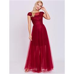 Women's Wine-red Cap Sleeve Appliques Ankle-length Chiffon Evening Dress N15908