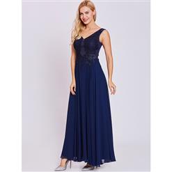 Women's Dark-Blue V Neck Sleeveless Appliques Lace Up Evening Gowns N15910