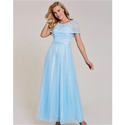 Light Blue Lace Round Neck Dress, Elegant Maxi A-Line Dress, Women's Light Blue Lace Evening Gowns, Light Blue Bridesmaid Dress, Short Sleeve Long Prom Dress, #N15915