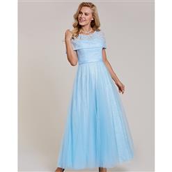 Women's Lignt Blue Lace Round Neck Maxi A-Line Prom Evening Gowns N15915
