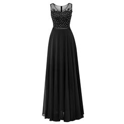 Women's Black Sleeveless V Neck Appliques Beaded Long Prom Evening Gowns N15917